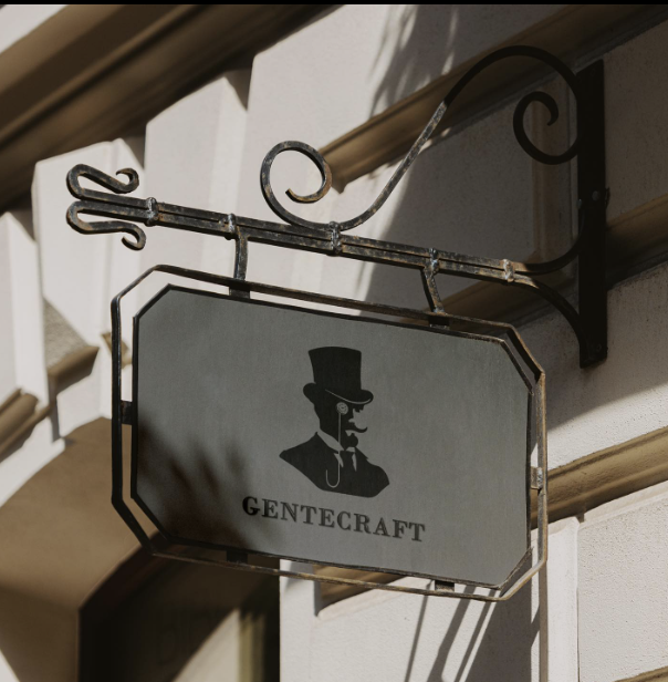 這張照片是一個帶有黑色招牌的店面。招牌上有一個戴著帽子和眼鏡的紳士圖案,下方寫著 "GENTECRAFT" 字樣。