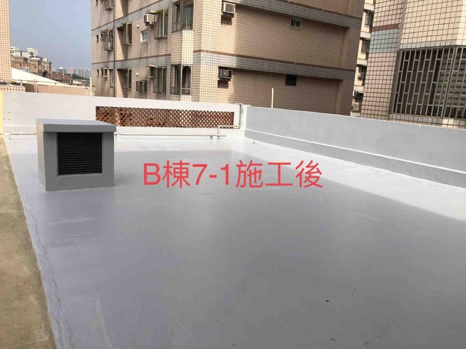 1) 照片顯示的是一個屋頂,屋頂上有一個白色方形的通風設備,背景是建築物