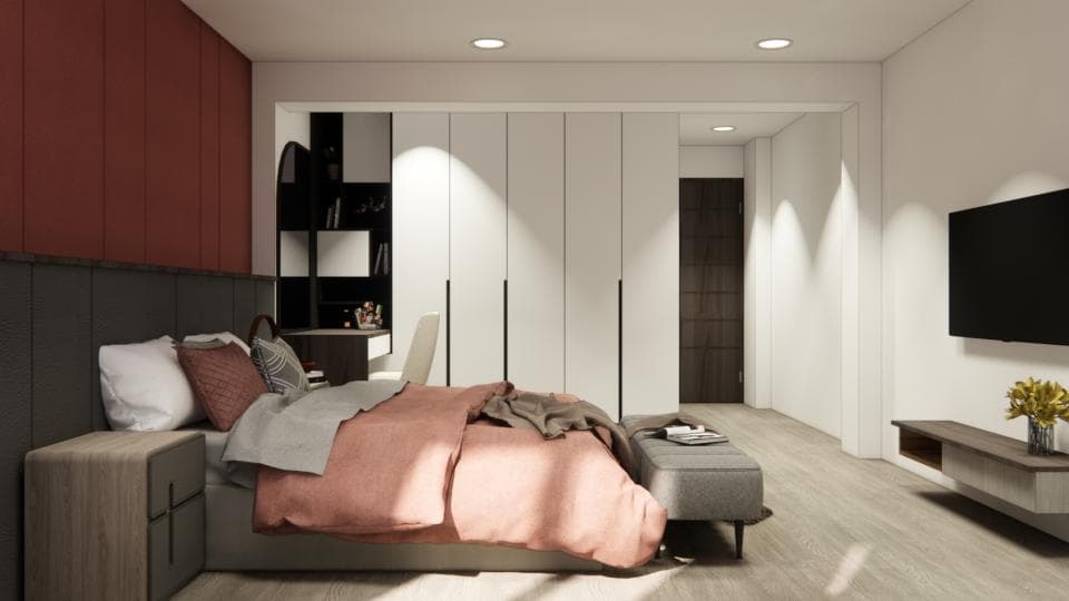 這張臥室的照片是有一張雙人床,床頭板是灰色,床單是粉紅色。床的旁邊有一個木頭的床頭櫃,櫃子上有兩個抽屜。房間的牆壁是白色,牆上有一個電視,電視下面是一個木頭的電視櫃。房間裡還有衣櫃,門是白色的,門上有一個黑色的拉手。