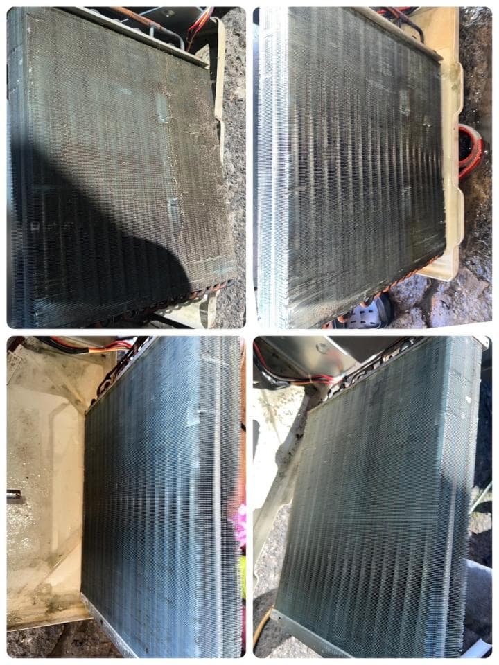 1) 這張照片顯示了四個空調機組的冷凝器,這些冷凝器都佈滿灰塵和碎屑