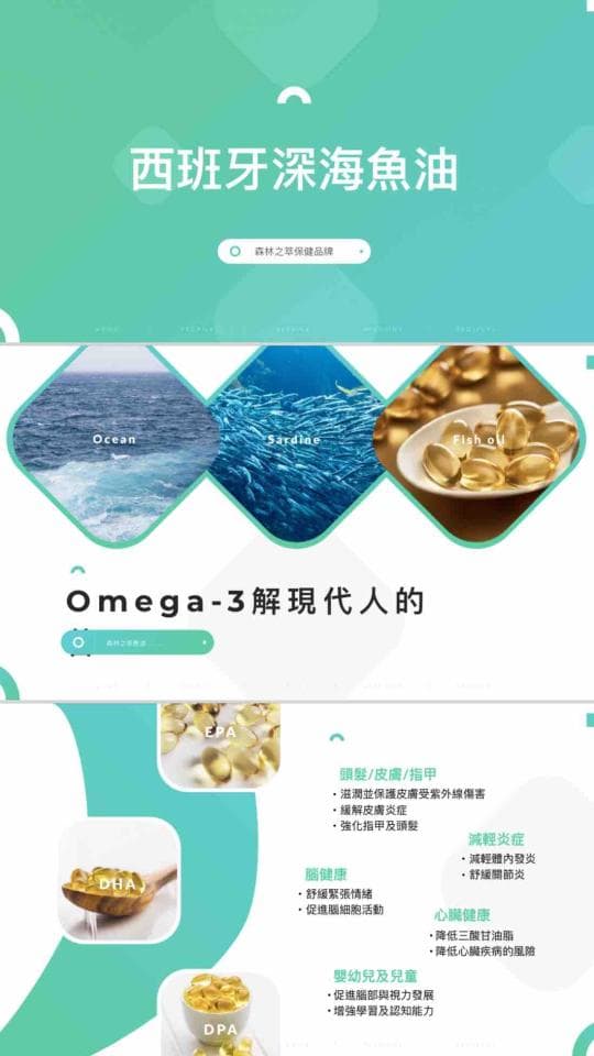 這張照片是關於西伯利亞深海魚油,重點在於它富含 Omega-3 脂肪酸,可以幫助解決現代人的健康問題。