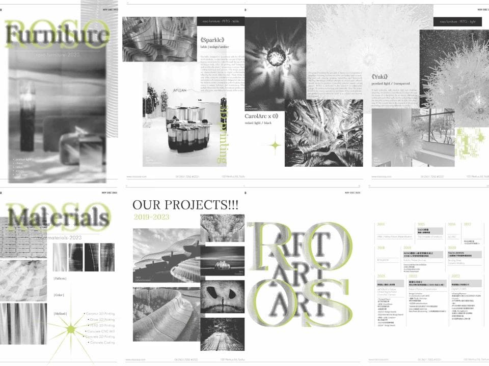 這張照片是設計作品集的封面,主標題是「PROJECTS」和「ART」,用黃綠色字體突顯。