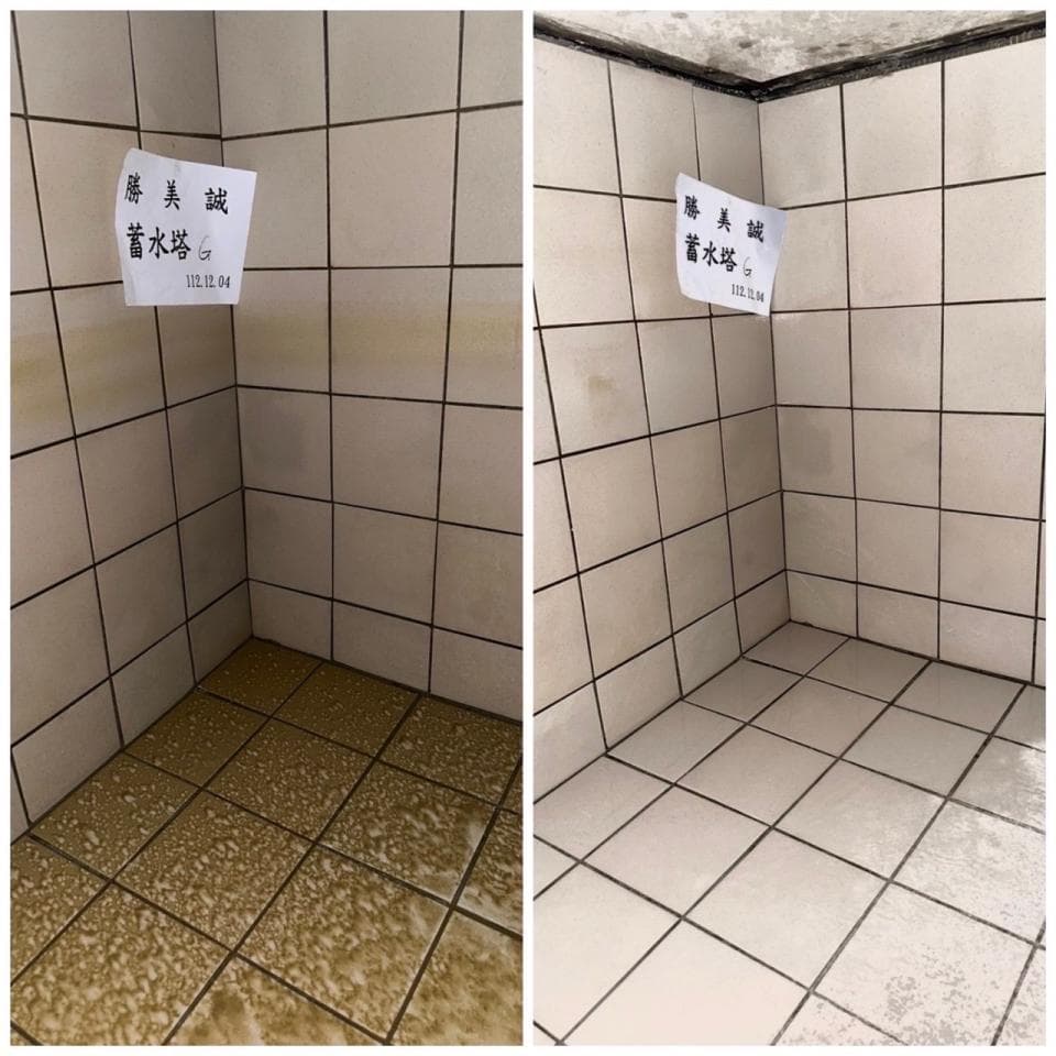 這張照片是兩張同樣角落的浴室磁磚照片,左邊是還沒清潔,右邊是清潔過後,可以清楚地看到清潔的效果。