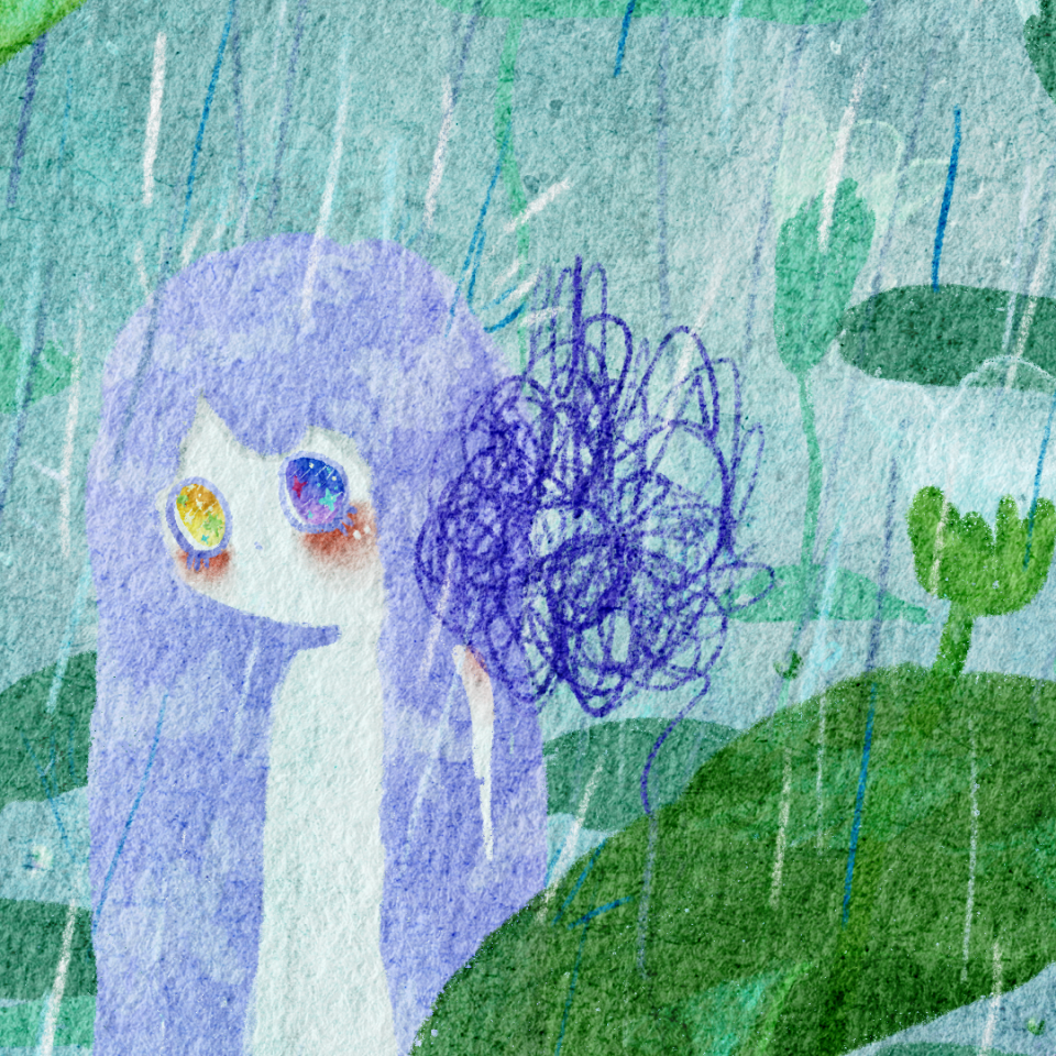 這張照片是一個女孩站在雨中的圖畫。女孩有著紫色頭髮和彩虹色的眼睛,她看起來很憂鬱。在她旁邊是一個藍色的雲朵,像是她內心深處的思緒。