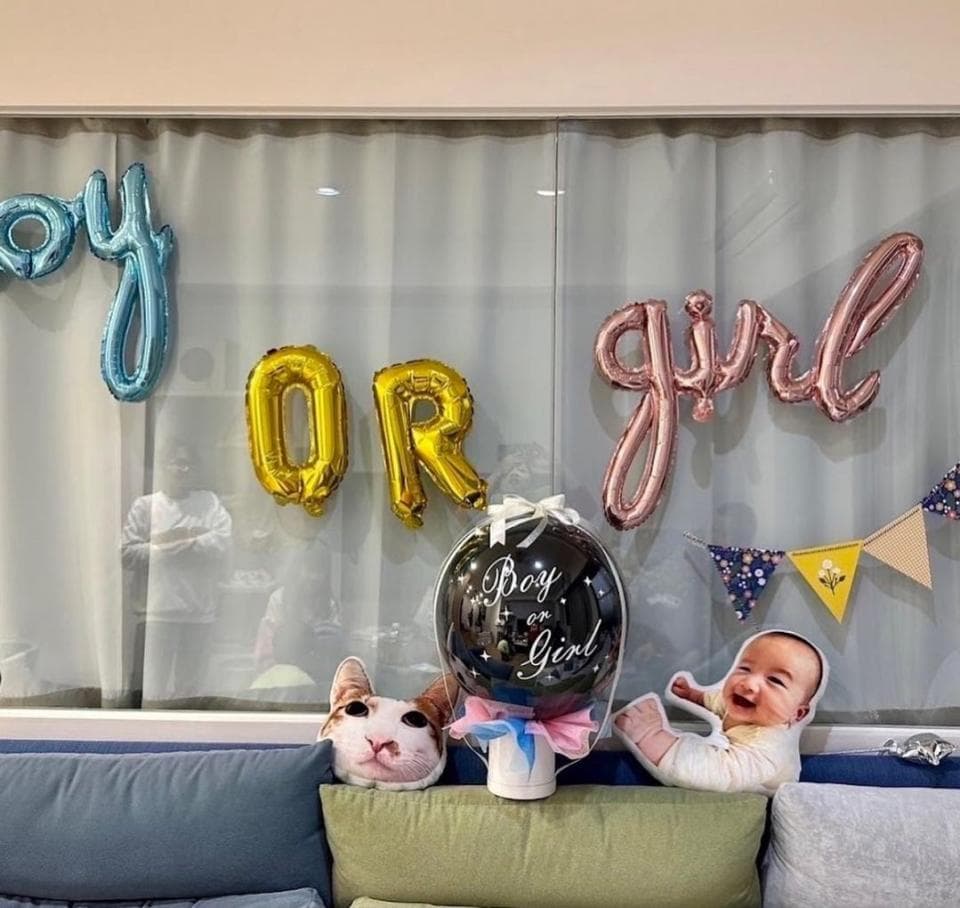 這張「性別揭曉」的照片是一個房間,裡面裝飾著氣球,氣球上寫著「男孩」或「女孩」。牆上還掛著許多彩色的三角旗。房間裡有一張沙發,沙發上放著一個抱枕,抱枕上有一個寫著「男孩或女孩」的黑色氣球。