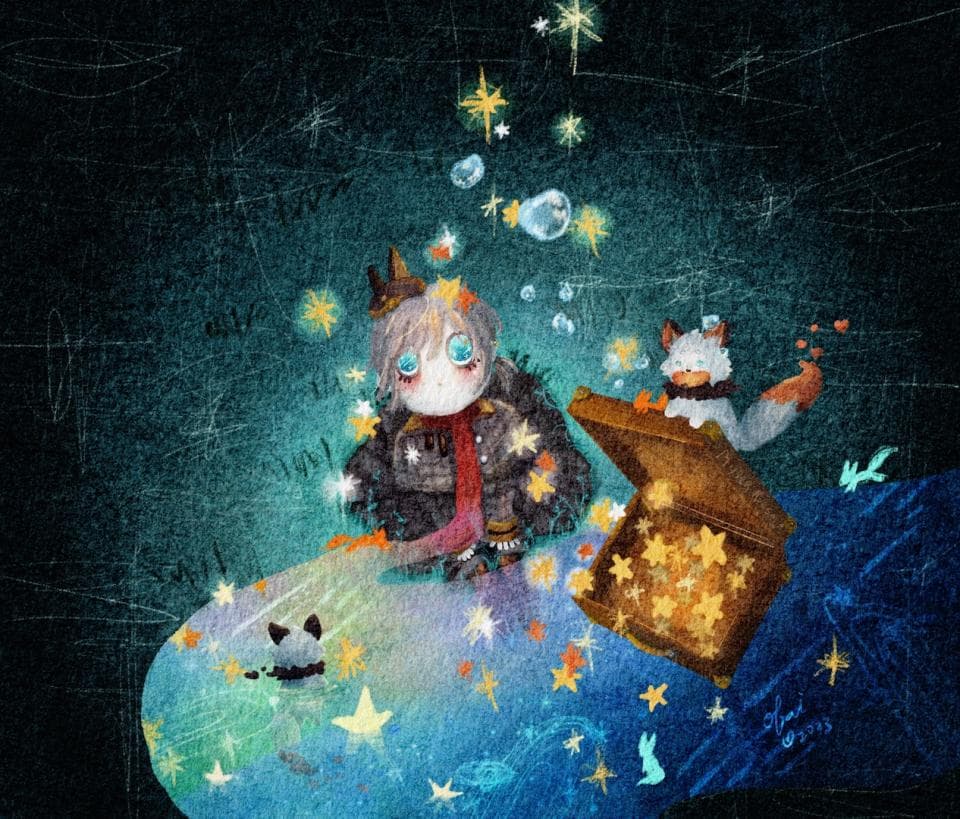 這張照片是一個戴著帽子的女孩坐在一個打開的木箱上,箱子裡裝滿了閃閃發光的星星。