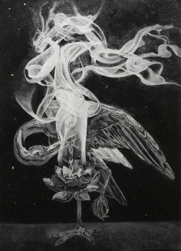 這張照片是一隻白鶴佇立在荷花上,背景是深黑色的天空,白鶴的羽毛和身形被描繪成煙霧狀,營造出一種飄渺的神秘感。