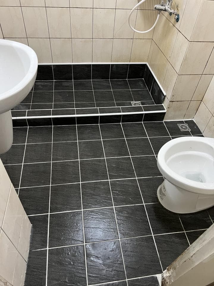 1) 照片顯示一個帶有黑色瓷磚地板的浴室