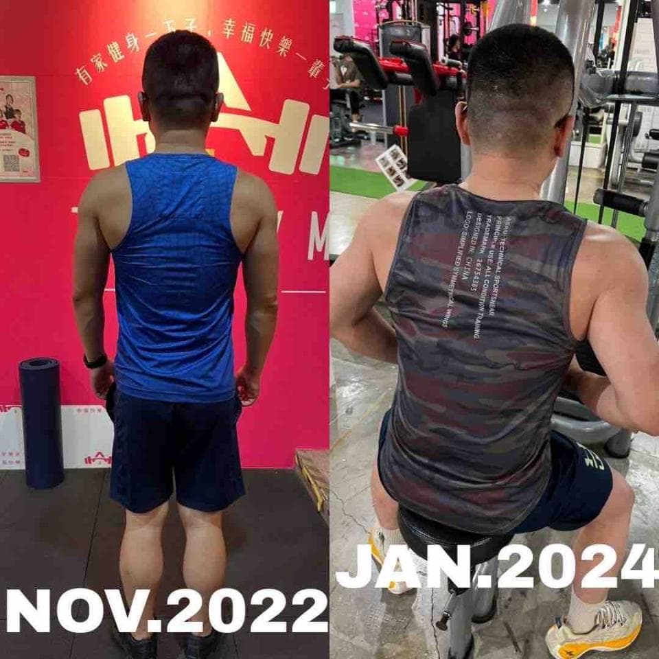 這張照片是一個健身房裡的男人,他展示了從十一月到一月的健身成果。