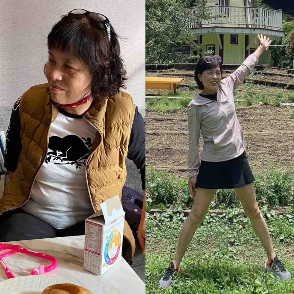 這張照片是一張由兩部分組成的照片。左邊是一名女性坐在椅子上,身穿棕色背心,右手拿著一個盒狀的物體。右邊是一名女性站在草地上,身穿淺色外套和黑色裙子,右手舉高,左手放在腰間。