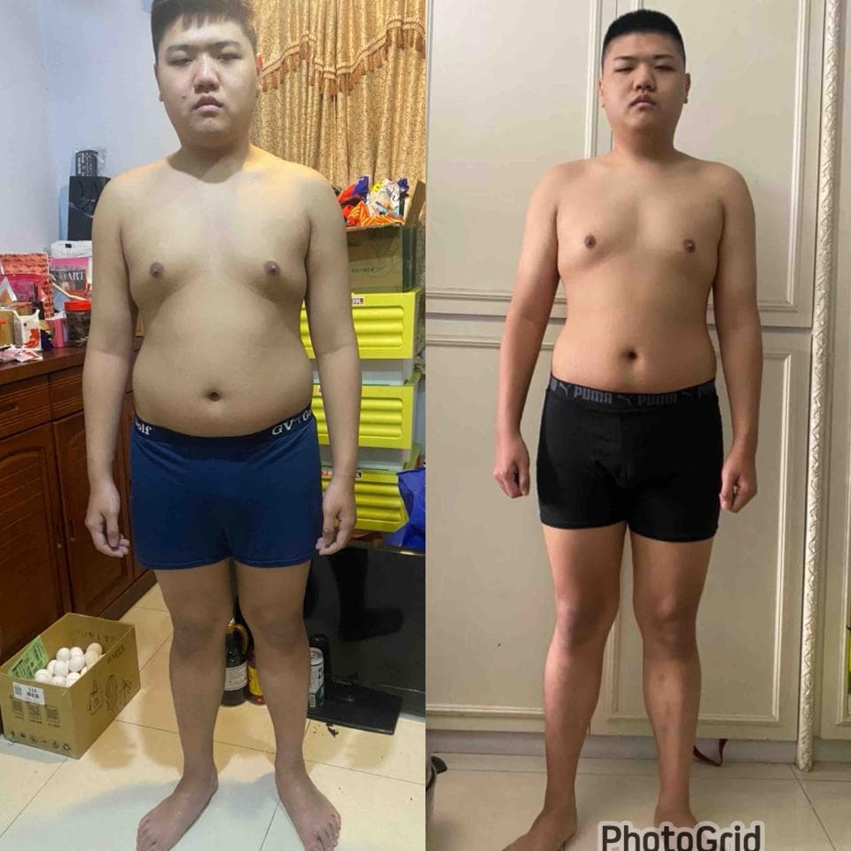 這張照片是展示一個人減肥前後的對比。左邊是減肥前,右邊是減肥後。他成功減掉了不少體重,體態也變得更加健美。