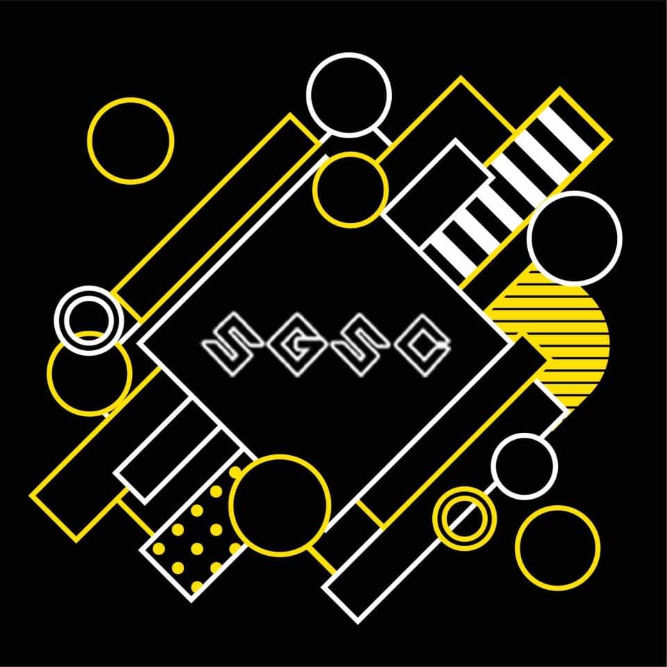 這張「幾何圖案」的照片是使用黃色、白色和黑色構成的圖案,其中包含許多圓形和方形。