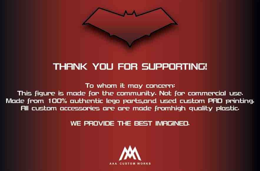 這張「感謝支持」的照片是:蝙蝠俠的圖像,以及關於產品製作和使用的說明。