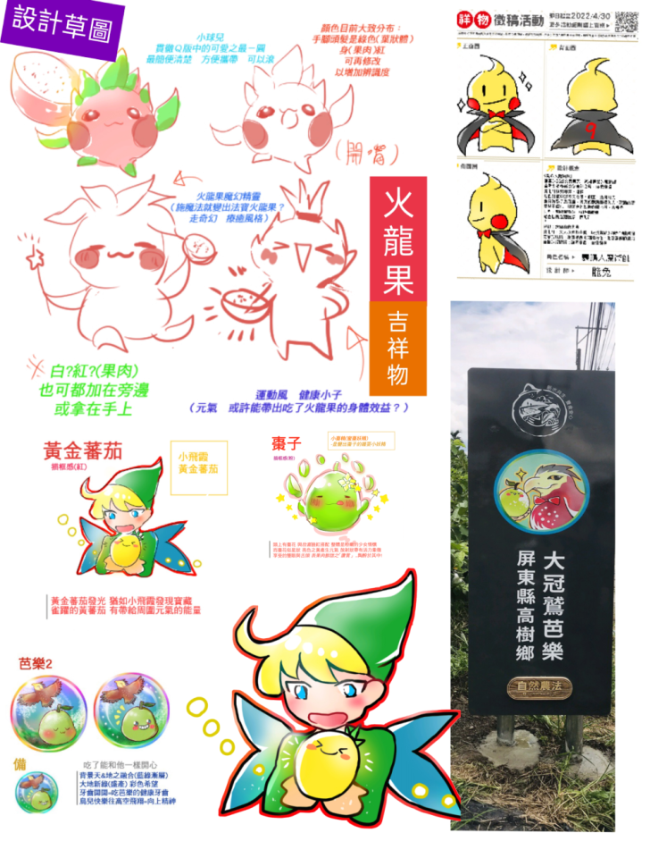 這張「設計草圖」的照片是關於一個可愛的卡通人物,它拿著一個黃色的水果,周圍還有其他一些可愛的圖案。