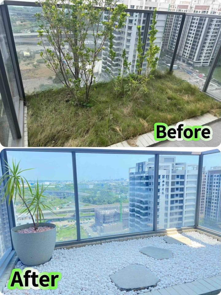 這張「陽臺改造」的照片是,一個原本雜亂無章的陽臺,改造後變成一個乾淨整潔的休憩空間。