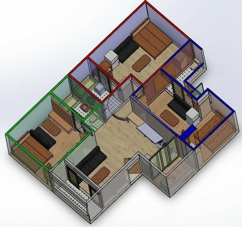 這張照片是一個公寓的平面圖,最重要的是它的房間配置,包括臥室、客廳和浴室。 每個房間都用不同的顏色區分,可以清楚地看到每個房間的大小和位置。