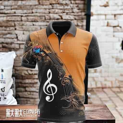 這張「T 恤」的照片是一個音樂主題的短袖polo衫,印有吉他、音符和花卉圖案,顏色以黑色、橘色和白色為主。