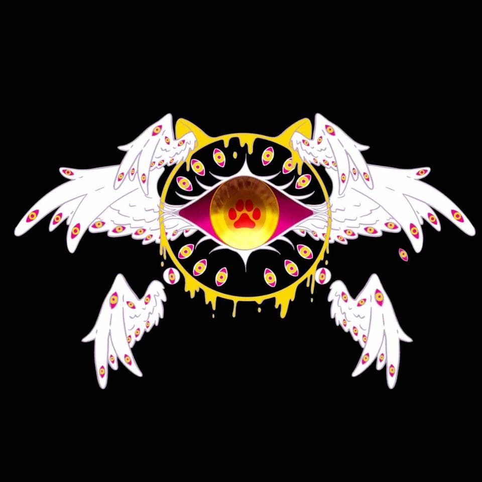 這張照片是一張以紅色眼睛為中心的圖案,眼睛周圍有許多黃色的眼睛,眼睛周圍有白色羽毛的翅膀。
