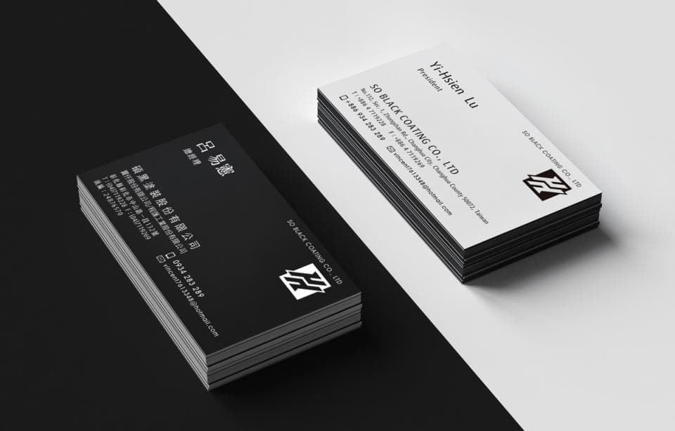 這張「名片」的照片是兩張不同設計的名片,一張是黑色底白字,另一張是白色底黑字。兩張名片都印有「SO BLACK COATING CO., LTD」的公司名稱和商標。