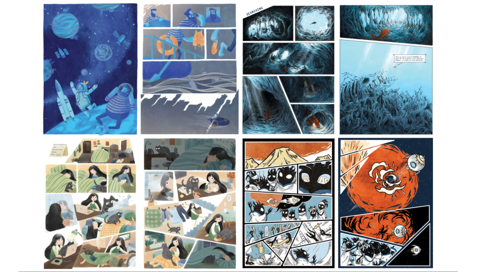 這張「漫畫」的照片是六個不同故事的片段,包括太空旅行、海洋冒險、神秘洞穴、日常生活、神秘生物和外星探險。