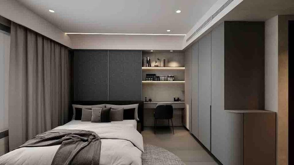 這張「現代臥室」的照片是一間以灰色為基調的房間,床鋪整齊舒適,旁邊有書桌和衣櫃,營造出簡潔大方的風格。
