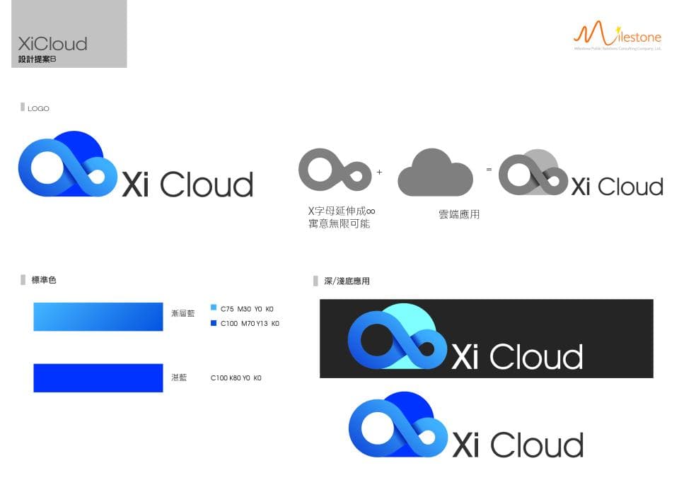 這張「Xi Cloud」的照片是一個公司標誌的設計,包括標誌本身、配色方案和應用範例。