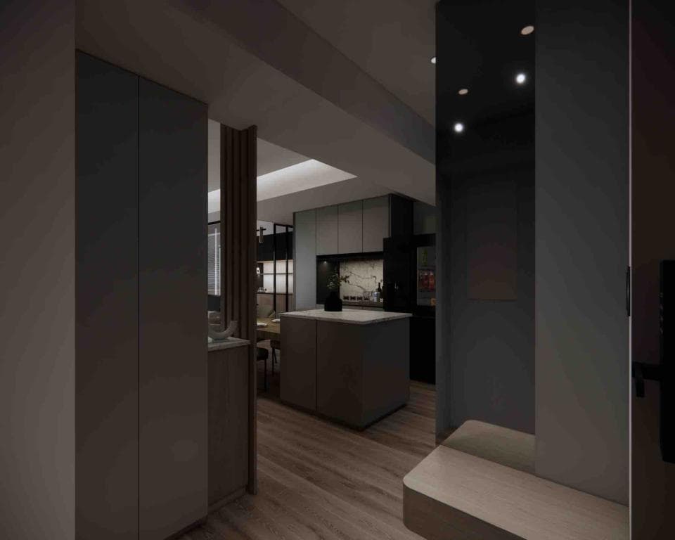 這張「現代公寓玄關」的照片是一個簡約的空間,左側是木紋牆面和大型櫃子,右側是灰色的牆面和木質長凳,中間是一面鏡子,地板是木質地板。