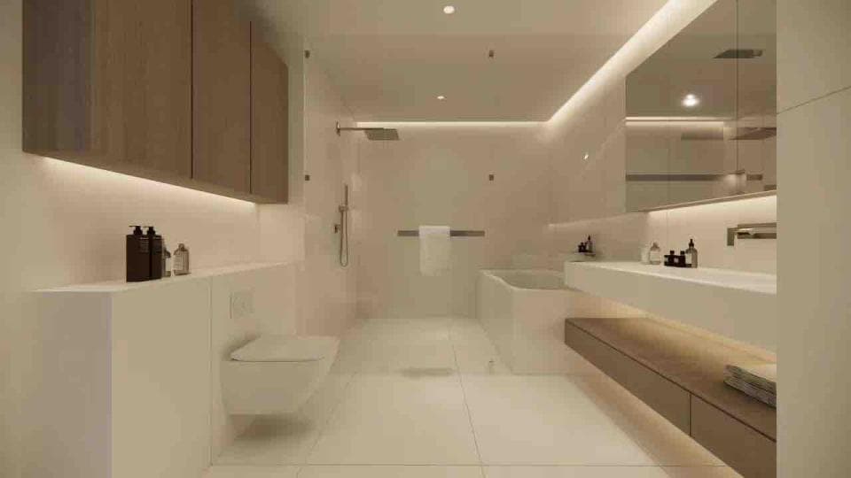 這張「現代浴室」的照片是一個明亮寬敞的浴室,有著白色瓷磚地板和牆壁,以及一個大型的淋浴間、獨立式浴缸和一個帶有雙水槽的洗漱臺。