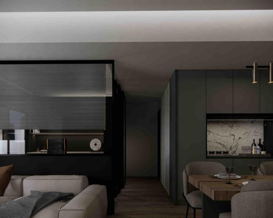 這張照片是一個現代化的客廳,重點是房間中央的沙發。沙發上鋪著柔軟的毛毯,看起來很舒適。