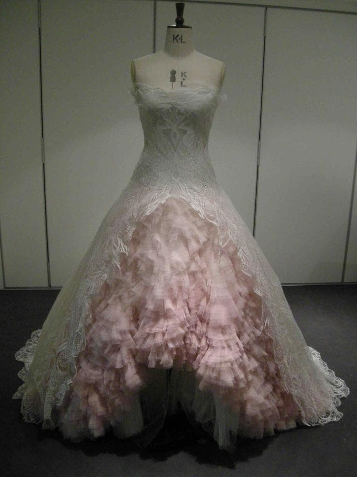 這張婚紗的照片是一件蕾絲婚紗,上面有層層的粉色紗裙。