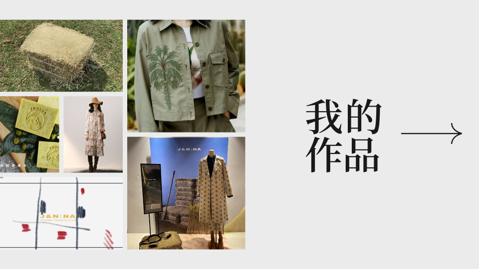 這張「我的作品」的照片是幾個時尚服裝設計,包括外套、洋裝、手工肥皂和 logo。