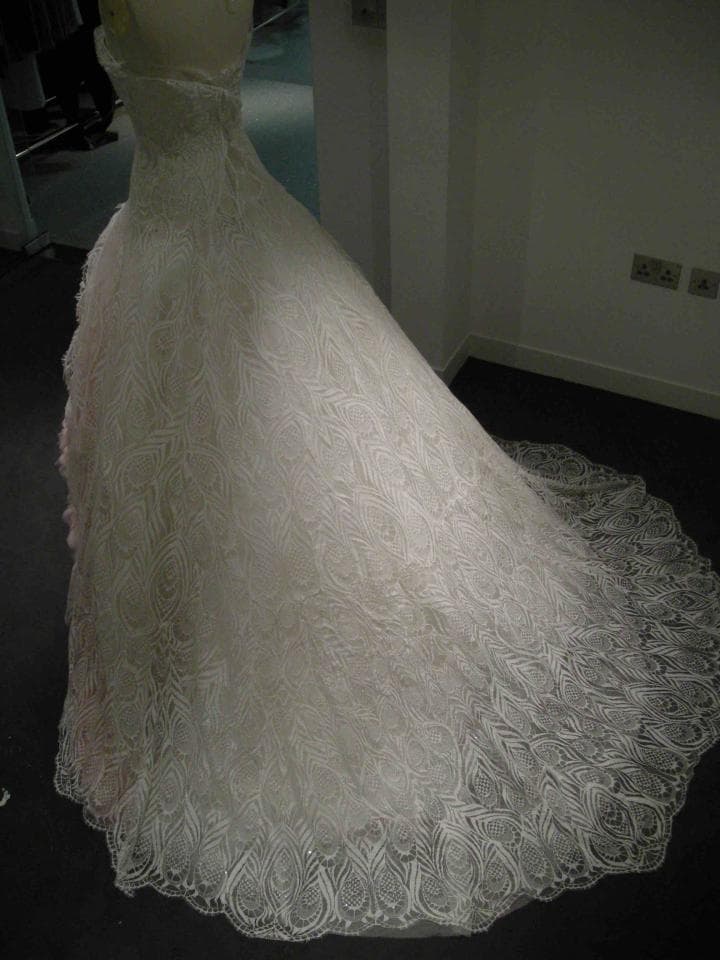 這張照片是一件精美的婚紗,婚紗的蕾絲材質非常精緻,花紋圖案設計細膩優雅。