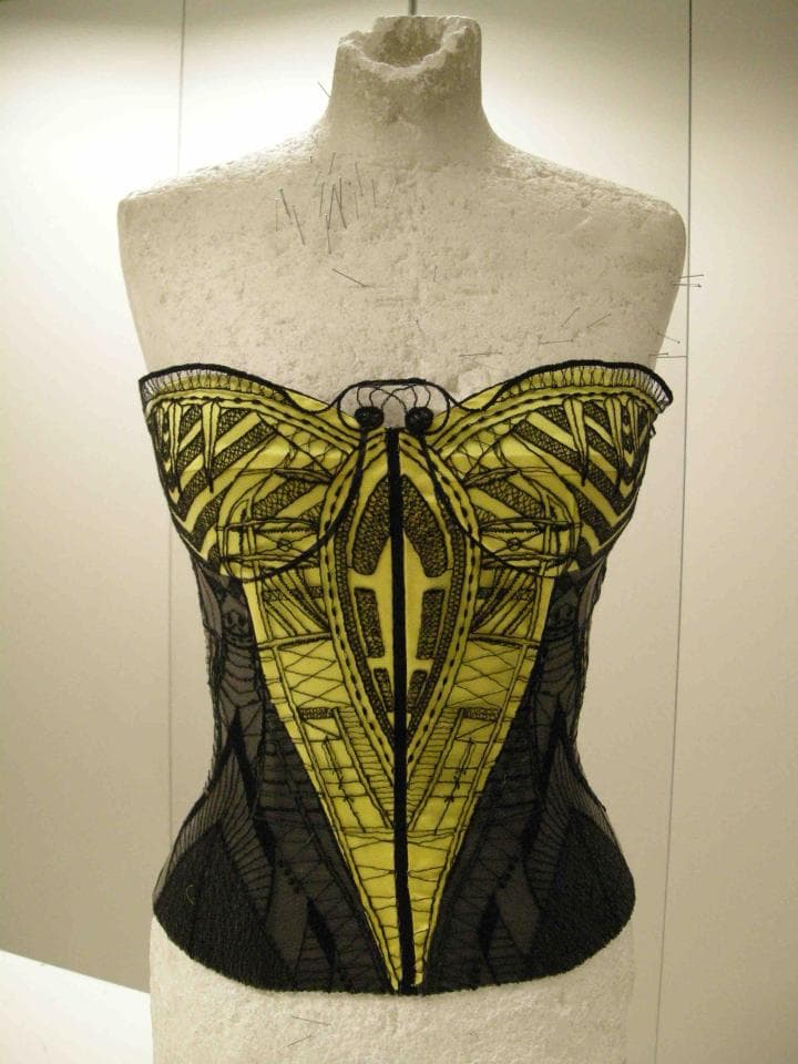 這張照片是一件以黃色和黑色為主的蕾絲胸衣,胸衣上有蝴蝶的圖案,整體設計精緻典雅。