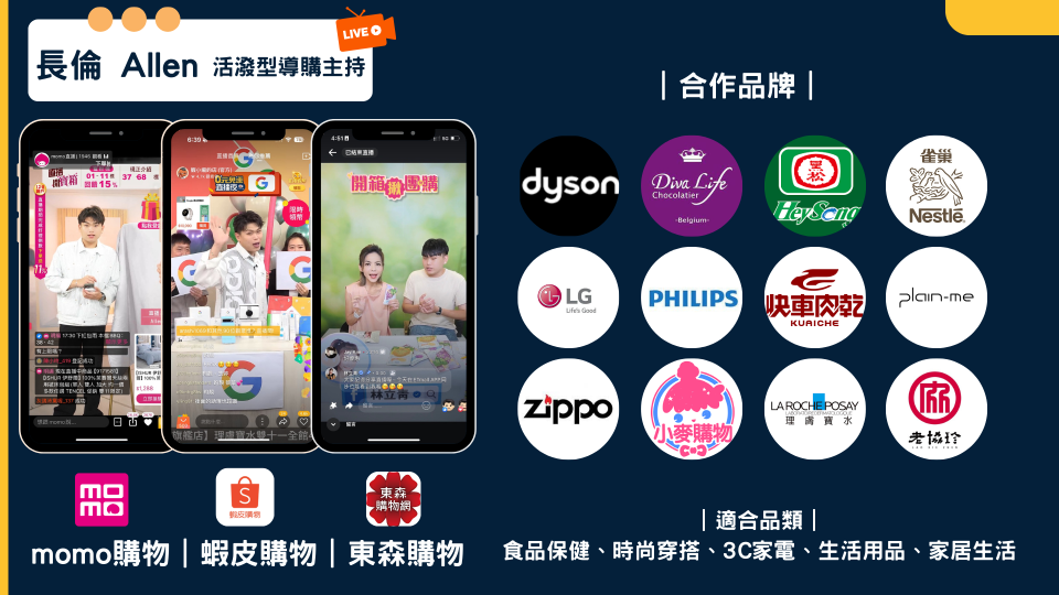 這張照片是直播主 Allen 與合作品牌商品的宣傳海報。中間部分展示了三個手機直播畫面,左下方則列出合作的購物平臺,右邊是合作品牌的圖標。