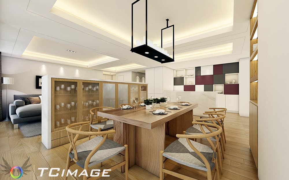 這張「現代風格餐廳」的照片是一張木製餐桌和椅子,餐桌旁有一個大型的展示櫃,牆上則有紅色的壁面裝飾。