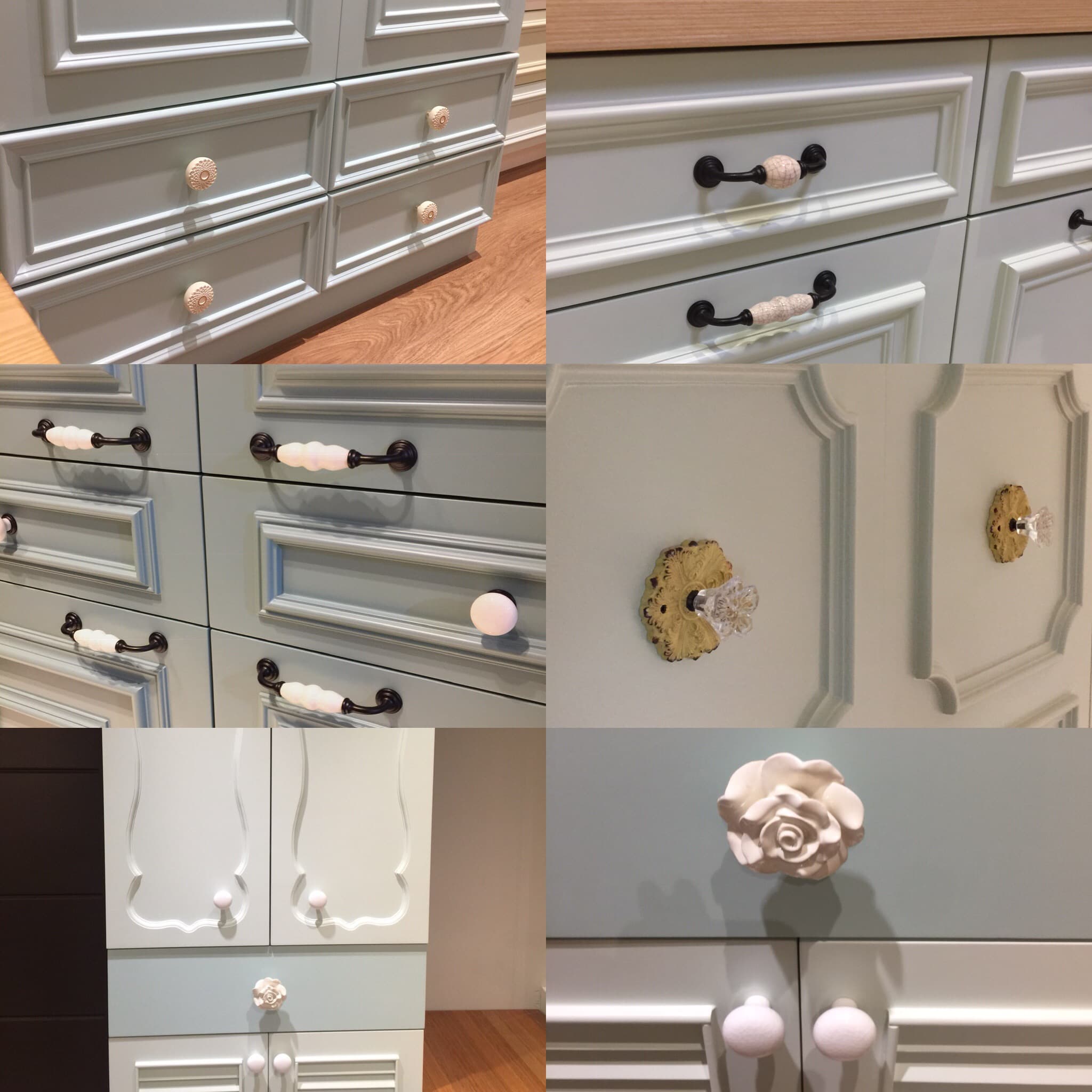 這張照片是許多個有著不同造型的櫃子門把,每個門把都有著獨特的设计,让人眼前一亮。
