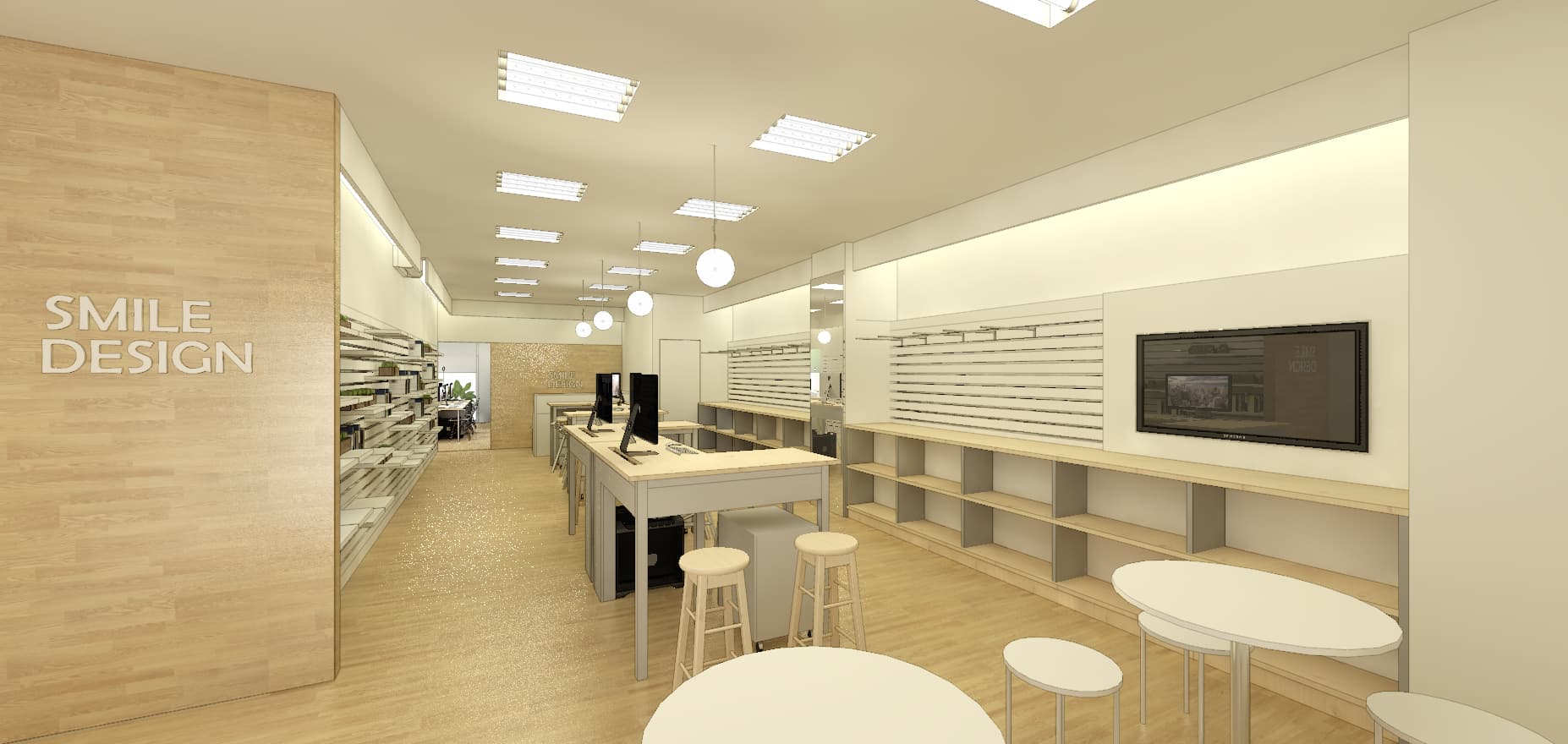 這張照片是一家現代化的眼鏡店,店內裝潢以簡潔的白色和木色為主,牆上有一塊醒目的木板,上面寫著「SMILE DESIGN」,這是這家眼鏡店的店名。