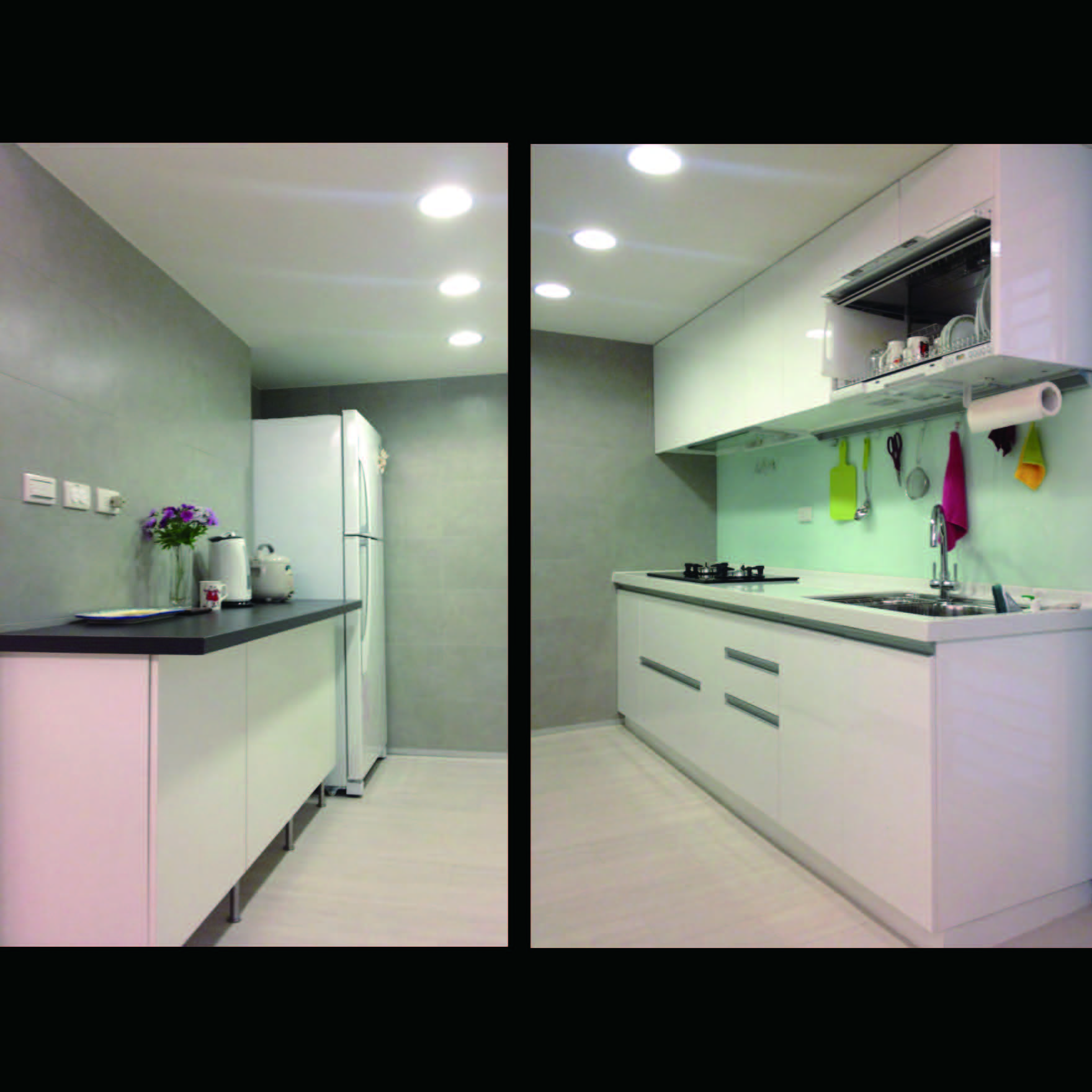 這張照片是一個現代化的廚房,最重要的是白色櫥櫃和流理台,它們看起來乾淨整潔,而且空間佈置合理。