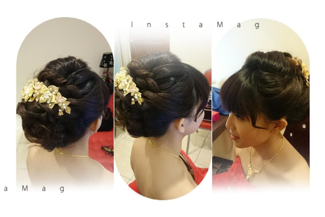 這張「新娘造型」的照片是一個女性,她有著黑色的頭髮,戴著金色的頭飾,她的頭髮盤成了一個精緻的髮型。