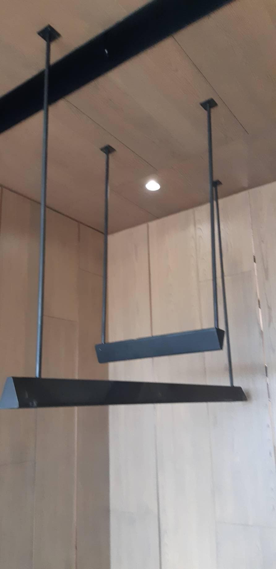 1) 照片顯示天花板上有兩盞黑色的吊燈