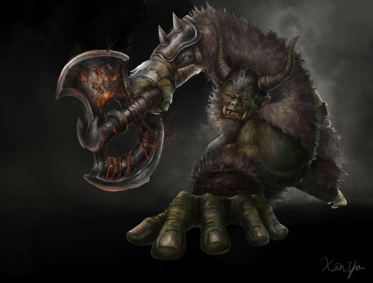 這張照片是一個手持巨斧的獸人,他看起來十分兇猛,眼睛充滿了殺氣,讓人不寒而慄。