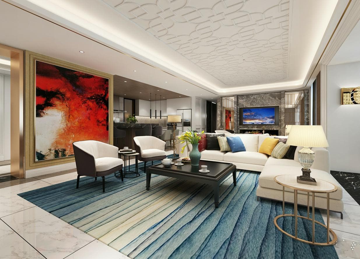 這張「客廳」的照片是一個現代化的客廳,裡面有沙發、桌子和燈光,還有一個抽象的畫作。