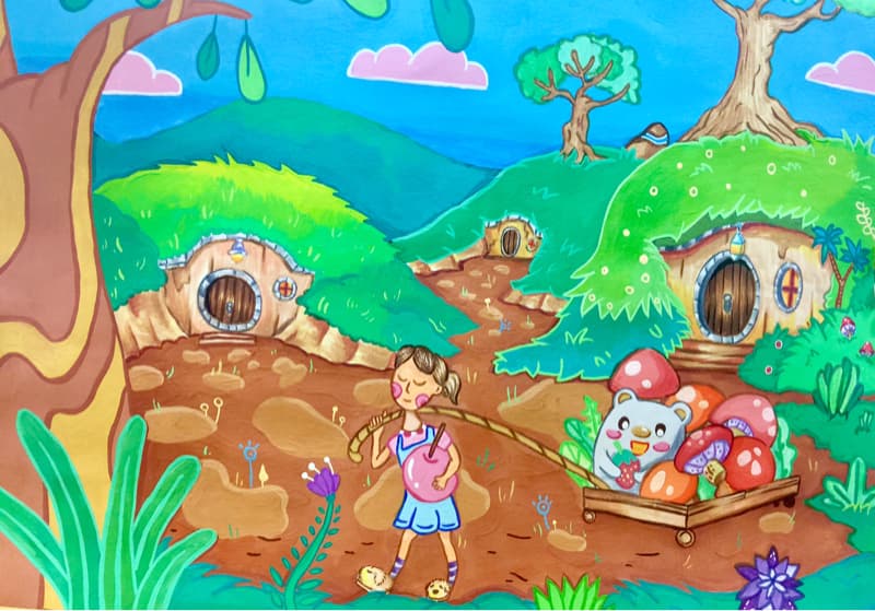 這張照片是一個童話故事的場景,畫面上有一個小女孩,她正在推著一輛小推車,車上載著一頭小熊和許多蘑菇。