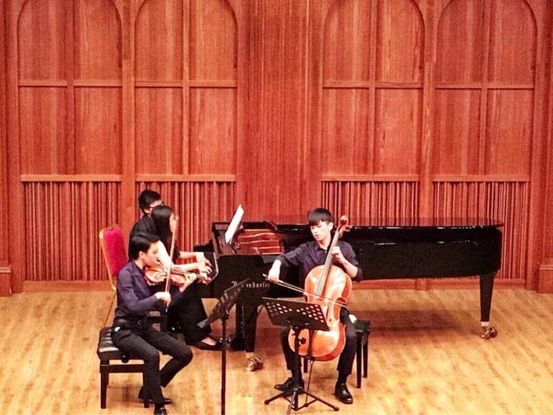 這張「音樂表演」的照片是,三個年輕人正在演奏。其中一個男生拉著大提琴,兩個女生拉著小提琴,他們站在木質地板上,背景是木板牆,看起來像是正在排練或演出。