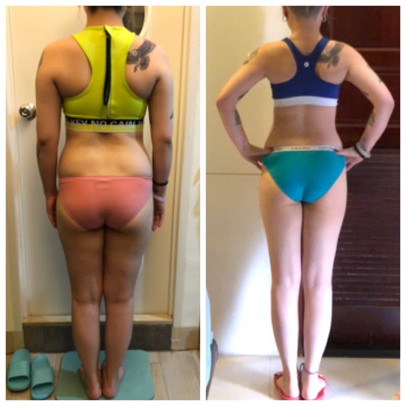 這張照片是一張對比圖,展示了同一個人在減肥前和減肥後的體型變化。照片的重點是兩張照片中人物身材的明顯差異,左邊是減肥前,右邊是減肥後。減肥後,人物的身材變得更加纖細,腿部和臀部也變得更緊實。