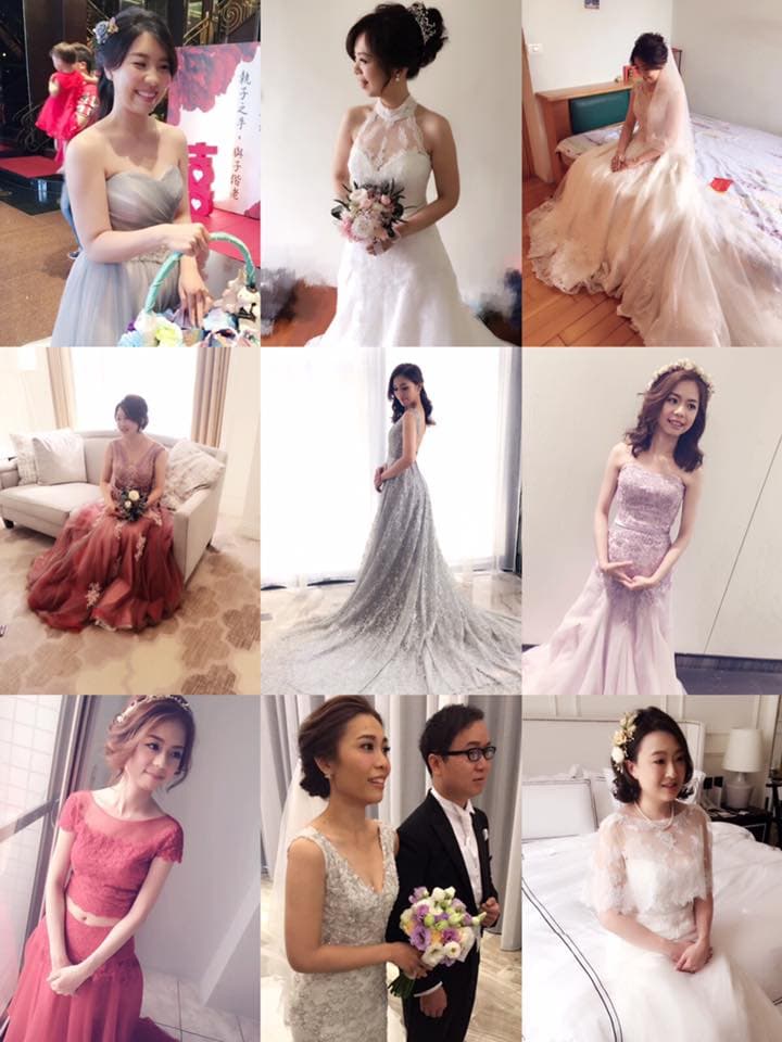 這張照片是一個婚禮的拼貼照片,照片中有多位美麗的女性穿著婚紗,展現著幸福的笑容。最引人注目的地方是中心位置穿著白紗的女性,她手捧著花束,笑容甜美,展現出結婚的喜悅。