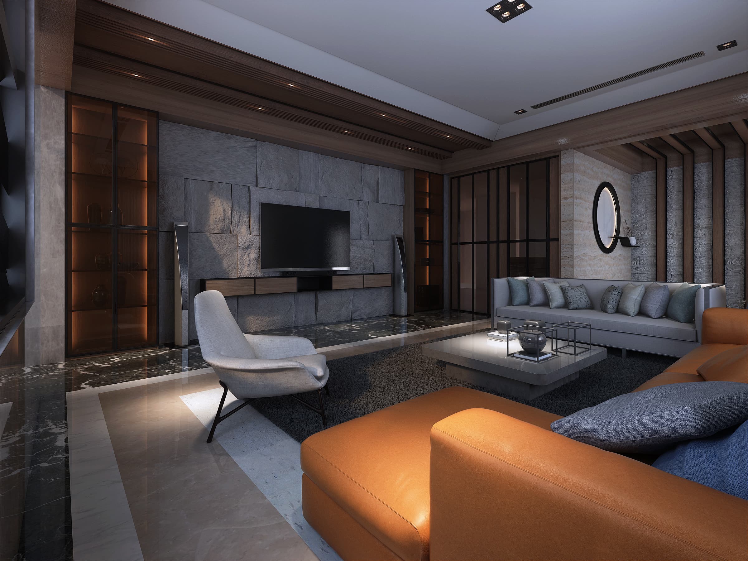 這張「現代住宅客廳」的照片是,一個以深色木質裝潢為主,配上灰色石材牆面,以及大型電視和舒適沙發的空間。