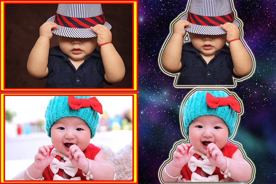 這張照片是四個嬰兒的照片,最重要的是最底部的嬰兒,他穿著一件綠色的帽子和一件紅色的衣服,他正在微笑著看著鏡頭。