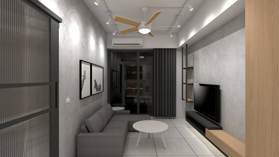 這張「客廳」的照片是一個簡約的現代風格,灰色牆面和木地板,搭配黑色鐵架和灰色沙發,以及一個大型電視和壁畫,營造出簡潔舒適的空間。