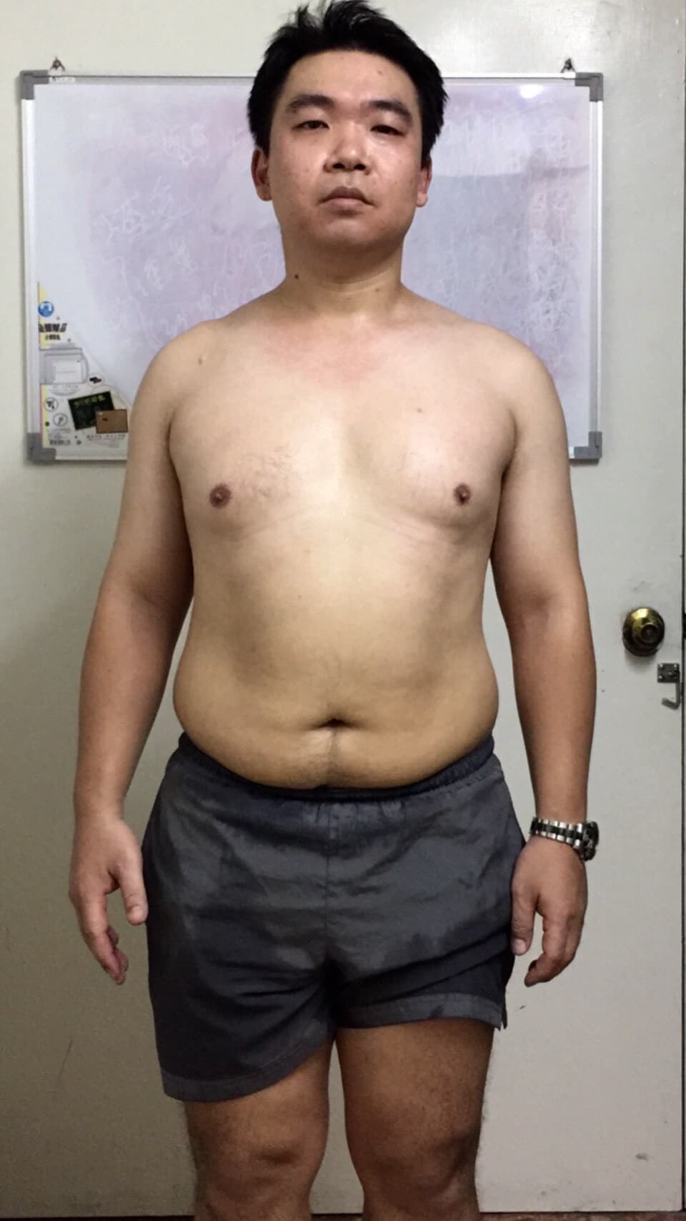 這張照片是一個穿著灰色運動短褲的男人,他站在白色牆壁前,看起來很自信。